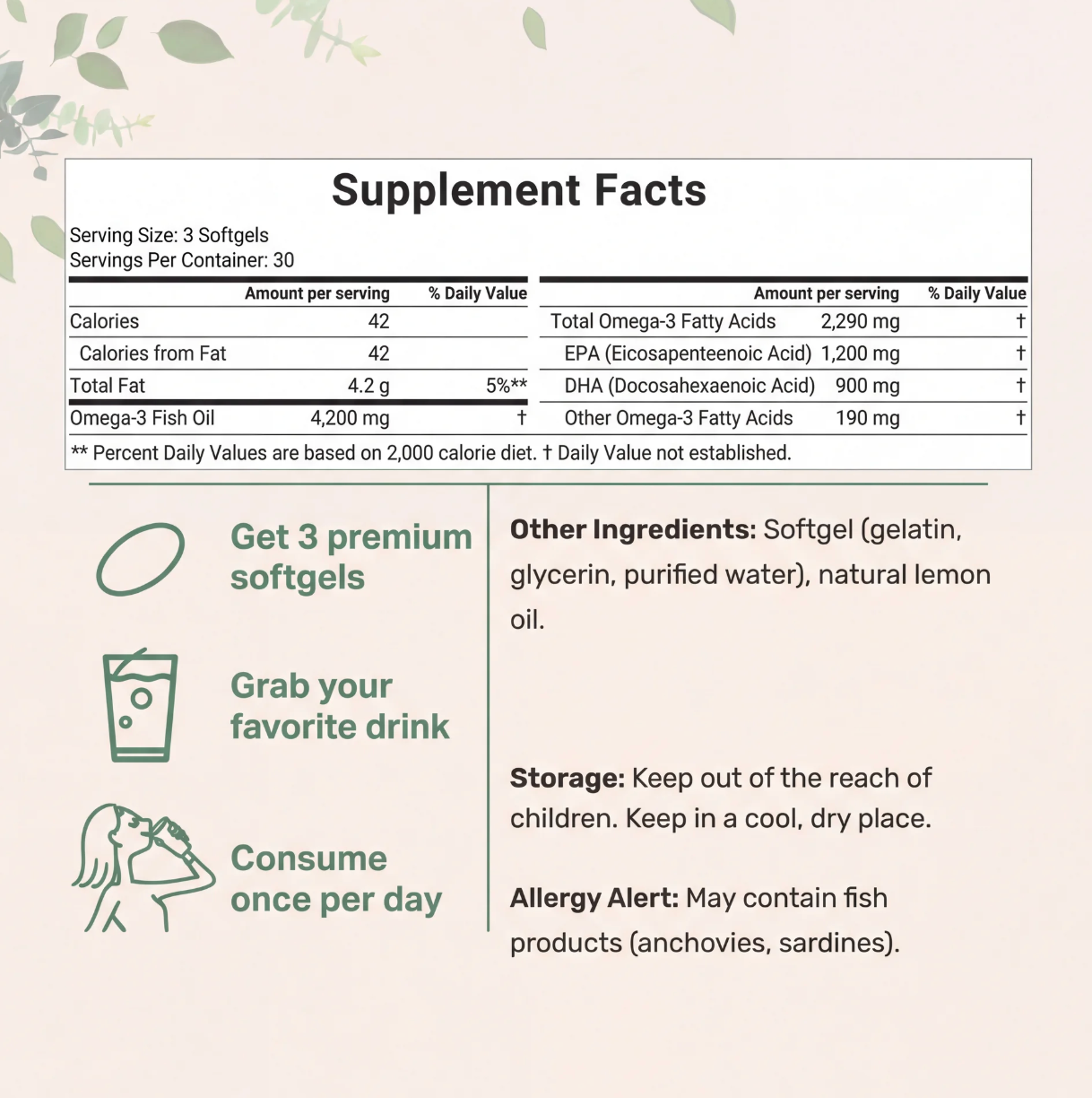 4200mg Per Serving Omega 3 Fish Oil Softgels
